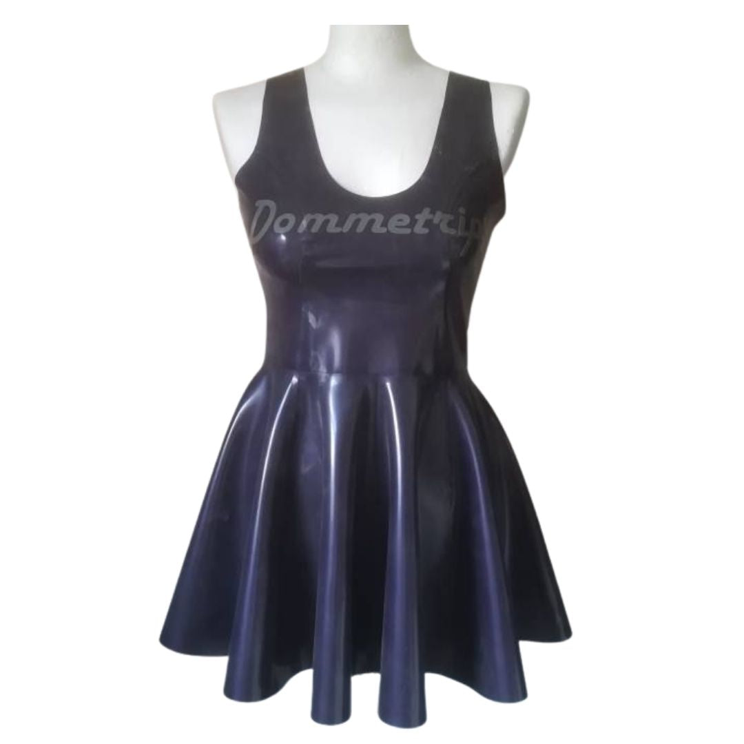 A dark blue latex sleeveless swing dress with a white background.