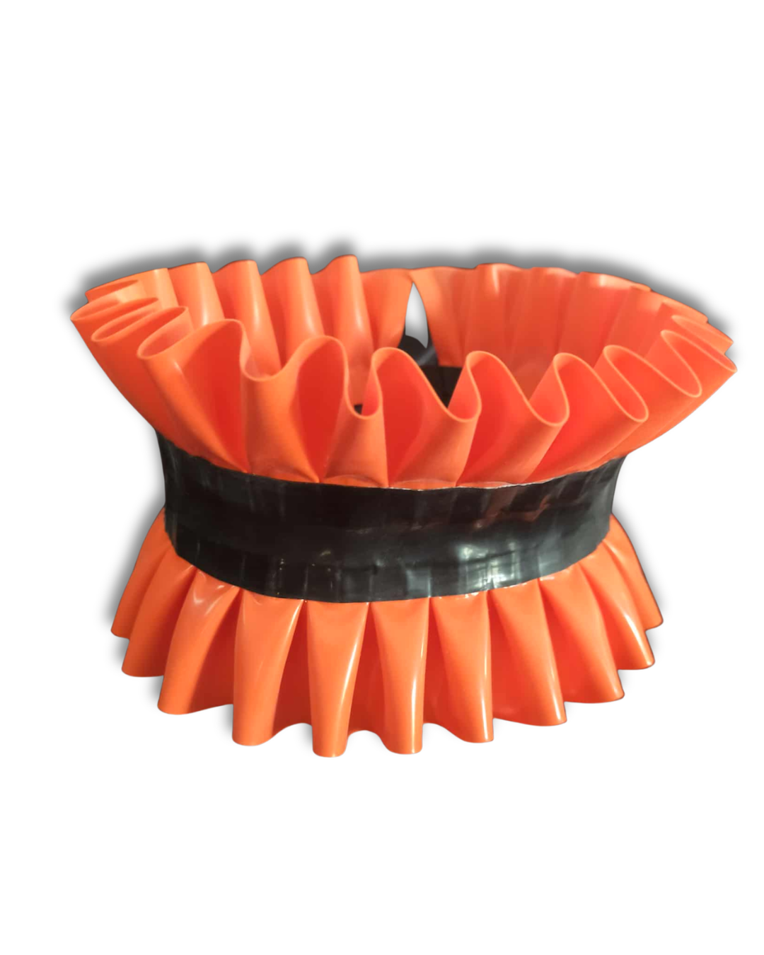 An orange frilled latex choker with a black band around the middle, shown on a white background with a drop shadow.