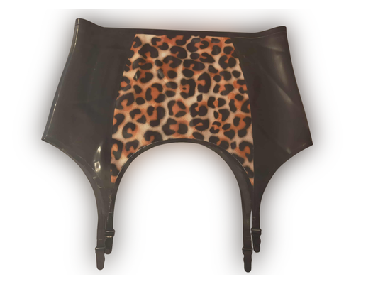 Leopard print latex suspender belt on a white background