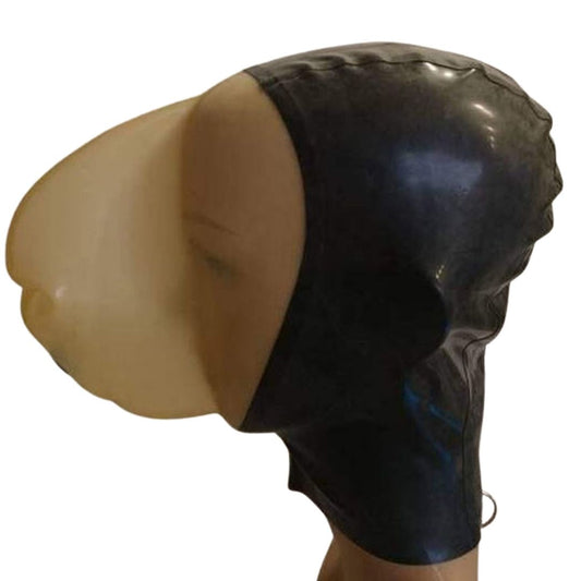 A black latex hood with translucent natural latex front panel.