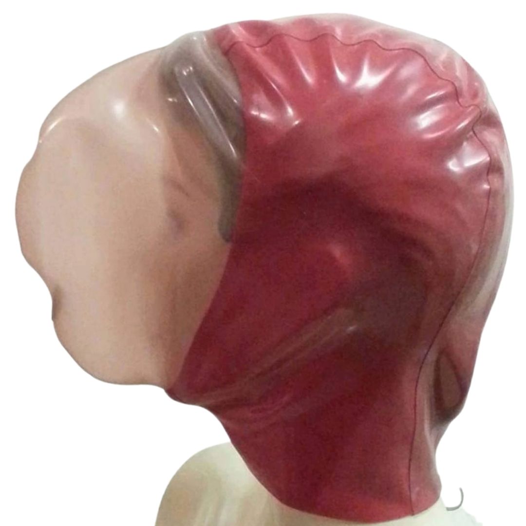 A red latex bubble hood with translucent ink front panel.